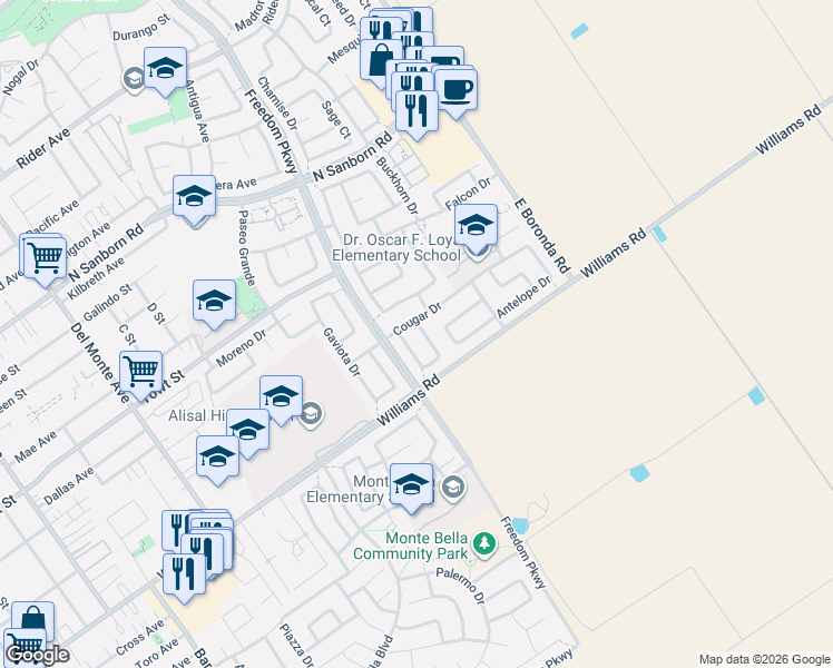 map of restaurants, bars, coffee shops, grocery stores, and more near 1185 Raven Court in Salinas