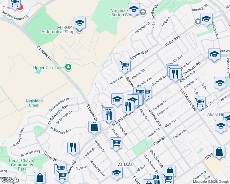 map of restaurants, bars, coffee shops, grocery stores, and more near 907 Acosta Plaza in Salinas