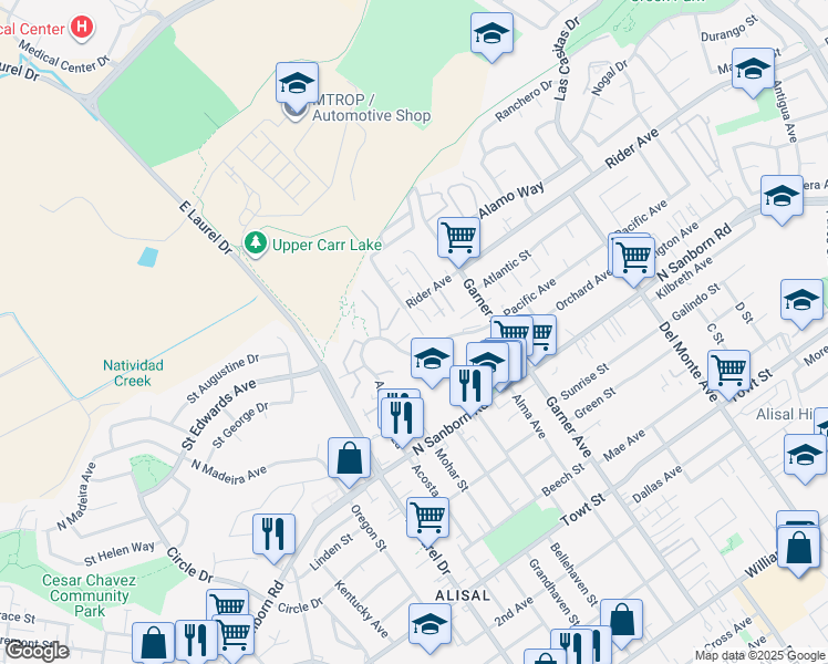 map of restaurants, bars, coffee shops, grocery stores, and more near 912 Acosta Plaza in Salinas