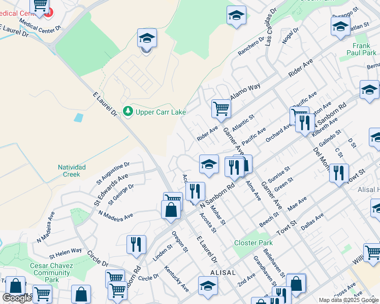 map of restaurants, bars, coffee shops, grocery stores, and more near 914 Acosta Plaza in Salinas