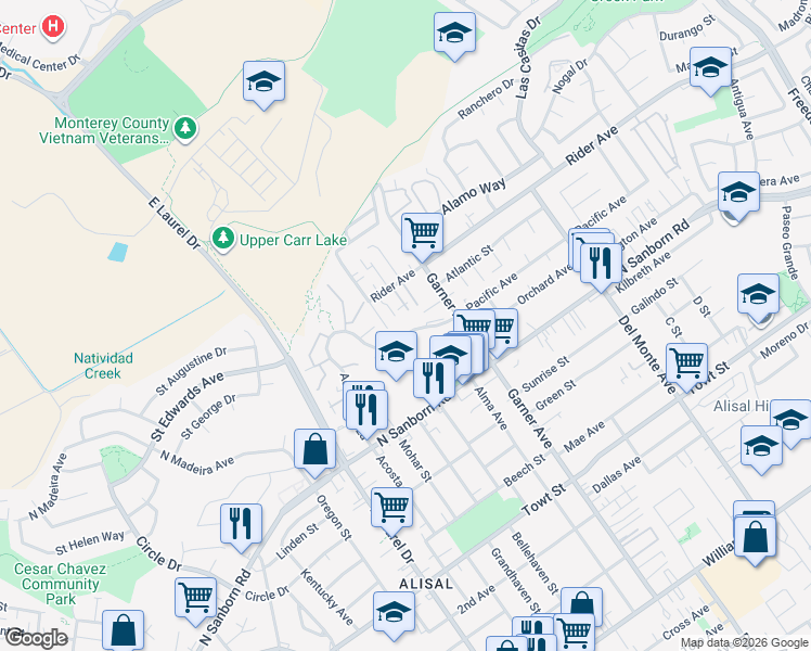 map of restaurants, bars, coffee shops, grocery stores, and more near 907 Acosta Plaza in Salinas