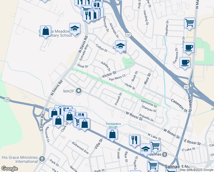 map of restaurants, bars, coffee shops, grocery stores, and more near 533 Stockton Street in Salinas