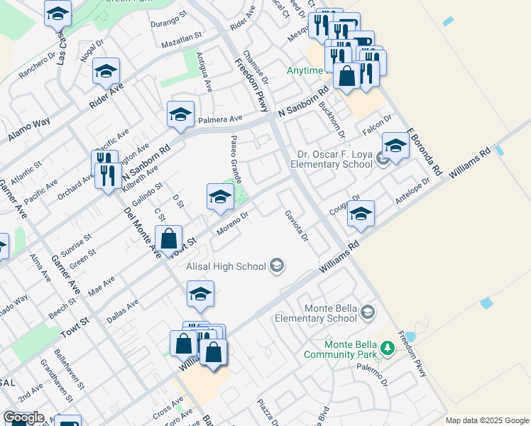 map of restaurants, bars, coffee shops, grocery stores, and more near 13 Cayucos Circle in Salinas