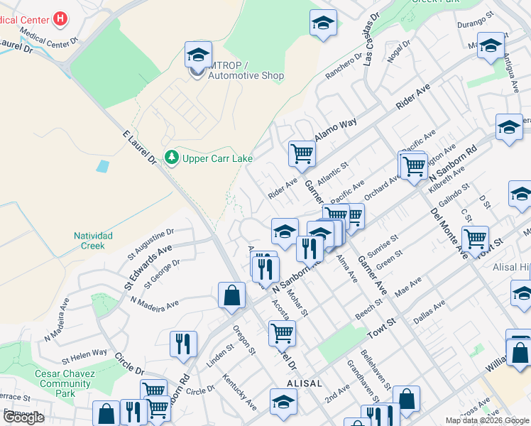 map of restaurants, bars, coffee shops, grocery stores, and more near 912 Acosta Plaza in Salinas
