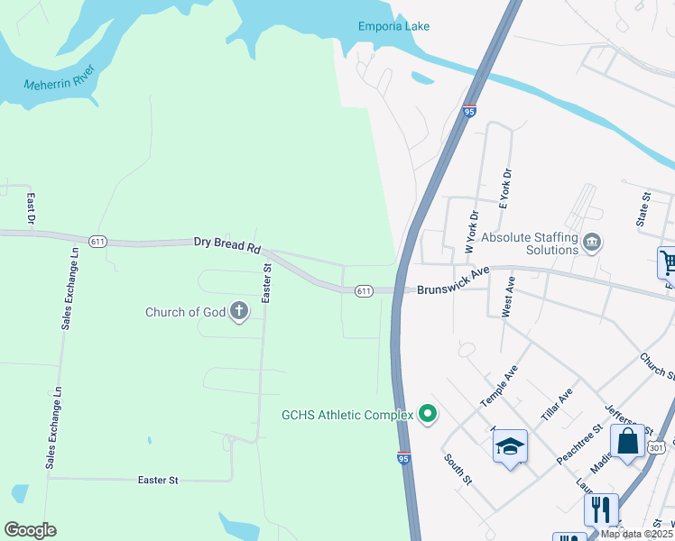 map of restaurants, bars, coffee shops, grocery stores, and more near 1146 Mill Road in Emporia