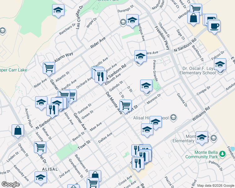 map of restaurants, bars, coffee shops, grocery stores, and more near 1060-1198 C Street in Salinas