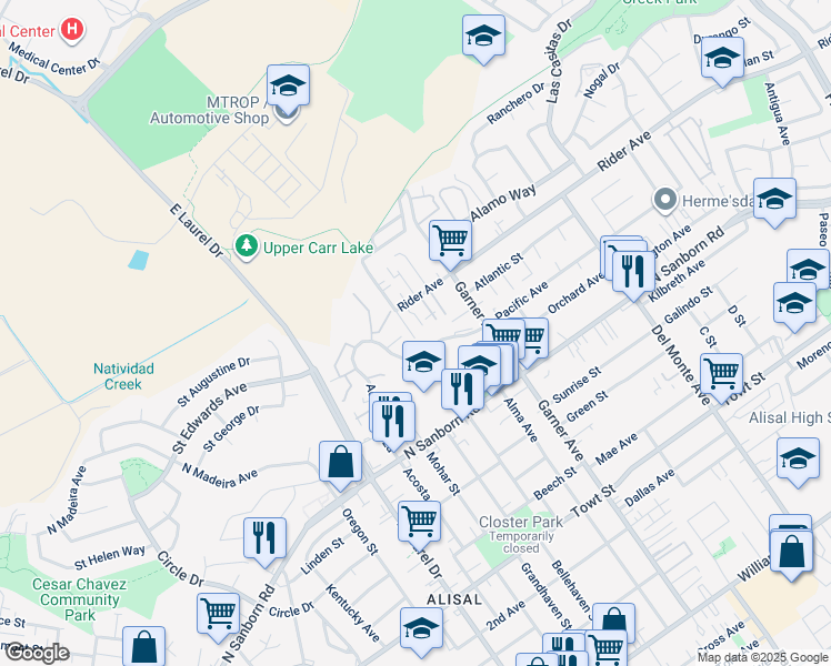 map of restaurants, bars, coffee shops, grocery stores, and more near 907 Acosta Plaza in Salinas