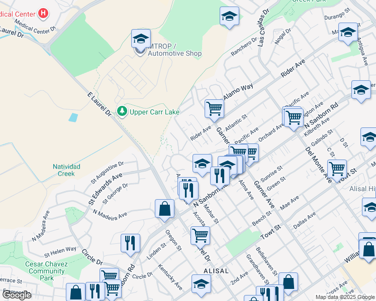 map of restaurants, bars, coffee shops, grocery stores, and more near 912 Acosta Plaza in Salinas