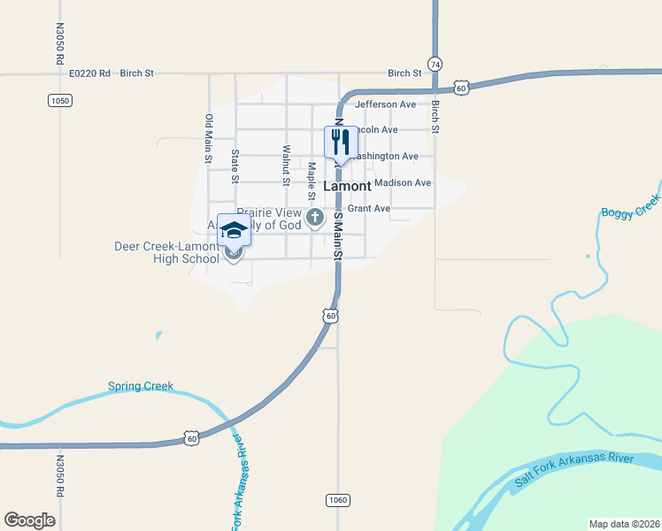 map of restaurants, bars, coffee shops, grocery stores, and more near 400-404 South Main Street in Lamont