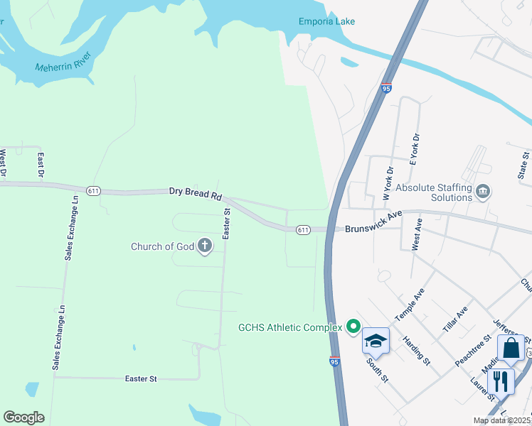 map of restaurants, bars, coffee shops, grocery stores, and more near 1176 Mill Road in Emporia