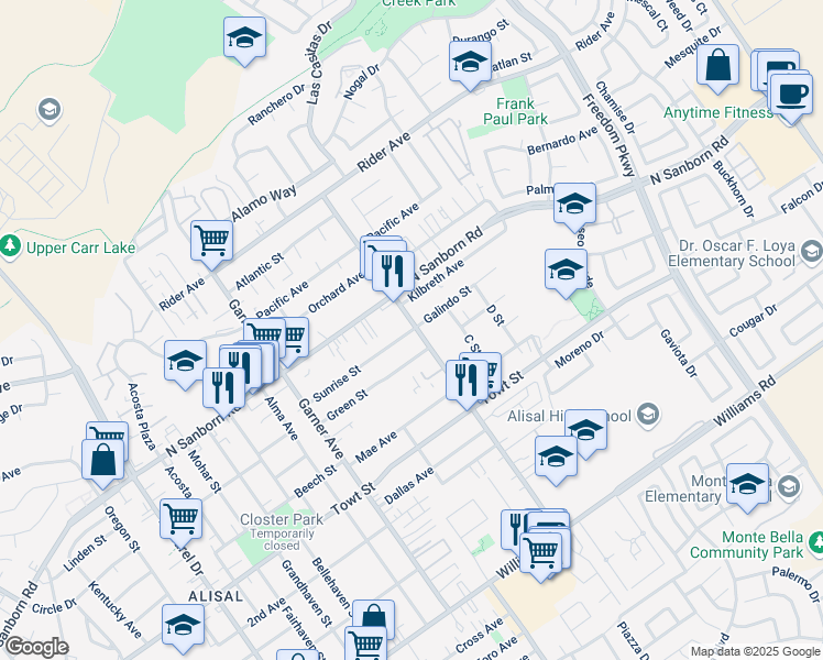 map of restaurants, bars, coffee shops, grocery stores, and more near 661 Sunrise Street in Salinas