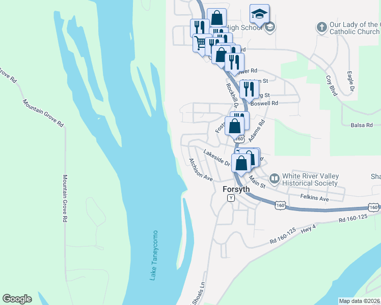 map of restaurants, bars, coffee shops, grocery stores, and more near 196 Lakeside Way in Forsyth