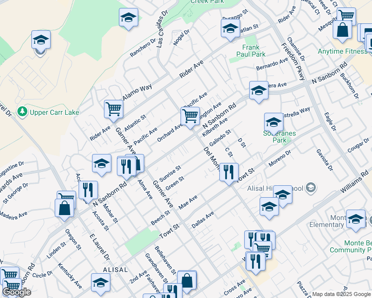 map of restaurants, bars, coffee shops, grocery stores, and more near 574 Sunrise Street in Salinas