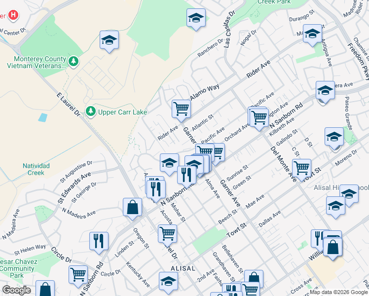 map of restaurants, bars, coffee shops, grocery stores, and more near 926 Garner Avenue in Salinas