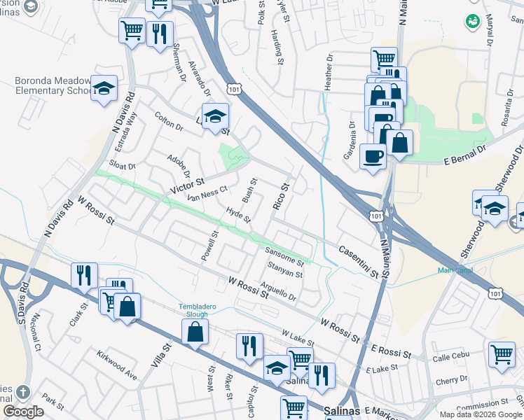 map of restaurants, bars, coffee shops, grocery stores, and more near 426 Montgomery Street in Salinas