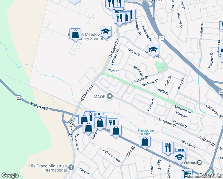 map of restaurants, bars, coffee shops, grocery stores, and more near 424 Brighton Street in Salinas