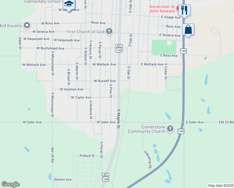 map of restaurants, bars, coffee shops, grocery stores, and more near 806 South Maple Street in Nowata