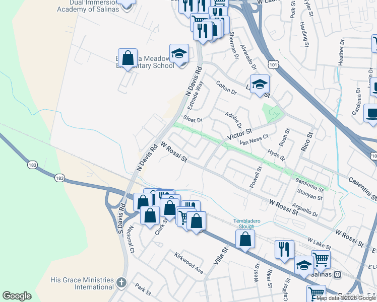 map of restaurants, bars, coffee shops, grocery stores, and more near 424 Brighton Street in Salinas