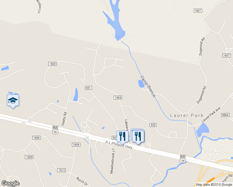 map of restaurants, bars, coffee shops, grocery stores, and more near 404 Lakewood Trail in Martinsville