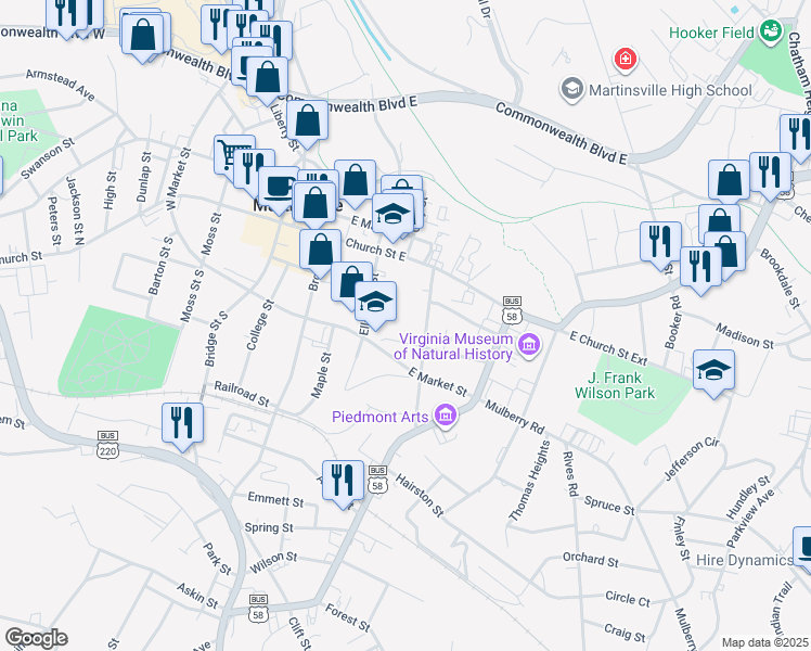 map of restaurants, bars, coffee shops, grocery stores, and more near 201 Brown Street in Martinsville