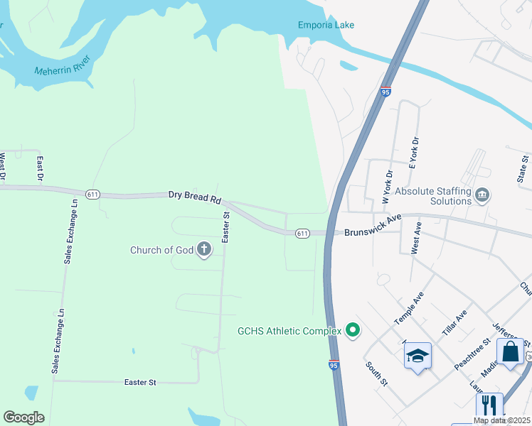 map of restaurants, bars, coffee shops, grocery stores, and more near 1176 Mill Road in Emporia