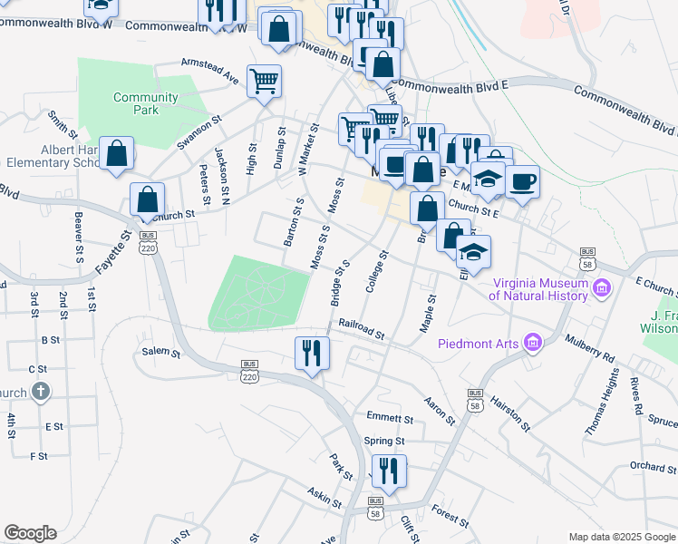 map of restaurants, bars, coffee shops, grocery stores, and more near 200 Bridge Street South in Martinsville