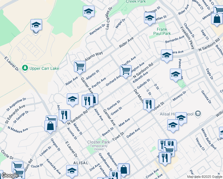 map of restaurants, bars, coffee shops, grocery stores, and more near 1025 North Sanborn Road in Salinas