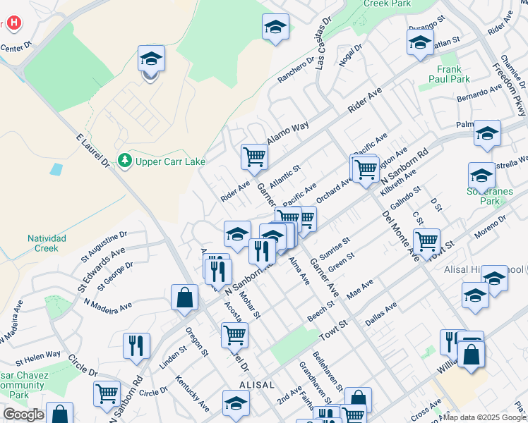 map of restaurants, bars, coffee shops, grocery stores, and more near 926 Garner Avenue in Salinas