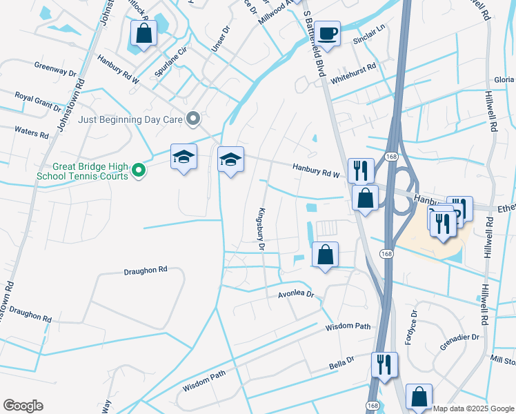 map of restaurants, bars, coffee shops, grocery stores, and more near 1132 Kingsbury Dr in Chesapeake