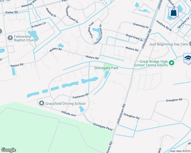 map of restaurants, bars, coffee shops, grocery stores, and more near 1001 Dorset Court in Chesapeake