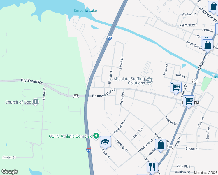 map of restaurants, bars, coffee shops, grocery stores, and more near 316 W York Dr in Emporia