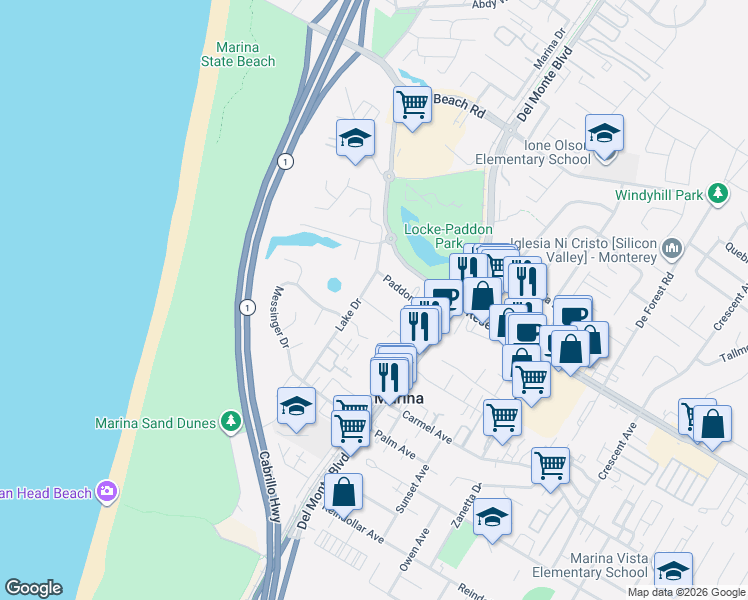map of restaurants, bars, coffee shops, grocery stores, and more near 172 Paddon Place in Marina