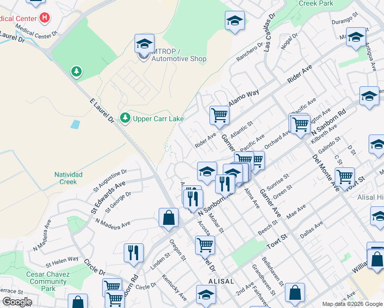 map of restaurants, bars, coffee shops, grocery stores, and more near 914 Acosta Plaza in Salinas