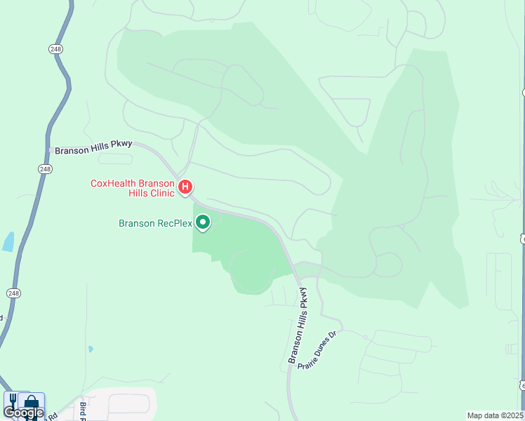 map of restaurants, bars, coffee shops, grocery stores, and more near 128 Mulligan Court in Branson