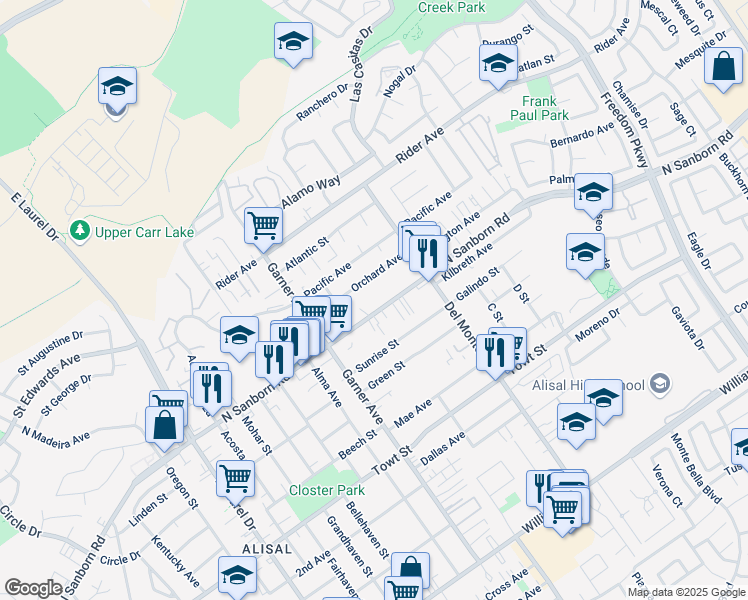map of restaurants, bars, coffee shops, grocery stores, and more near 1119 North Sanborn Road in Salinas