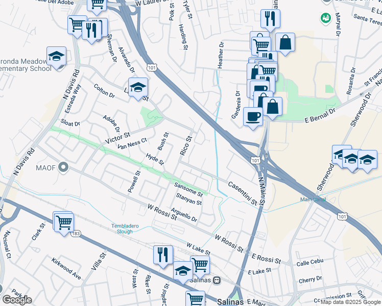 map of restaurants, bars, coffee shops, grocery stores, and more near 350 Casentini Street in Salinas