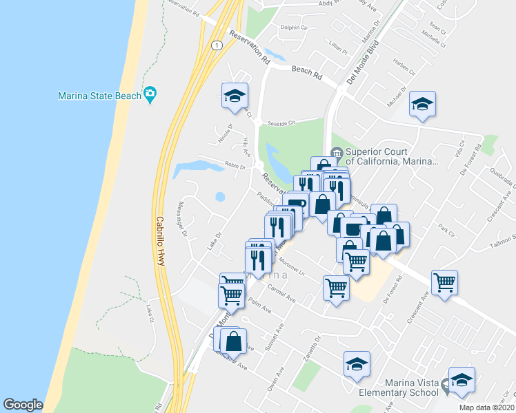 map of restaurants, bars, coffee shops, grocery stores, and more near 172 Paddon Place in Marina
