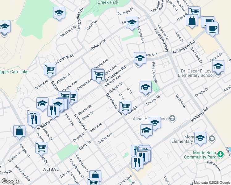 map of restaurants, bars, coffee shops, grocery stores, and more near 724 Kilbreth Avenue in Salinas