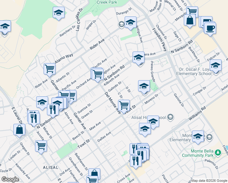 map of restaurants, bars, coffee shops, grocery stores, and more near 1046 C Street in Salinas