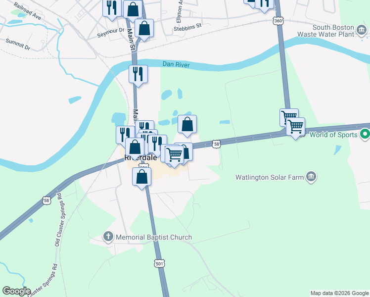 map of restaurants, bars, coffee shops, grocery stores, and more near 1063-1079 Bill Tuck Highway in South Boston