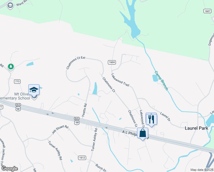 map of restaurants, bars, coffee shops, grocery stores, and more near 543 Chatmoss Court in Martinsville