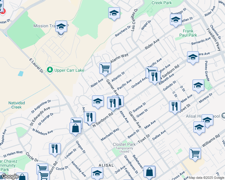 map of restaurants, bars, coffee shops, grocery stores, and more near 906 Acosta Plaza in Salinas