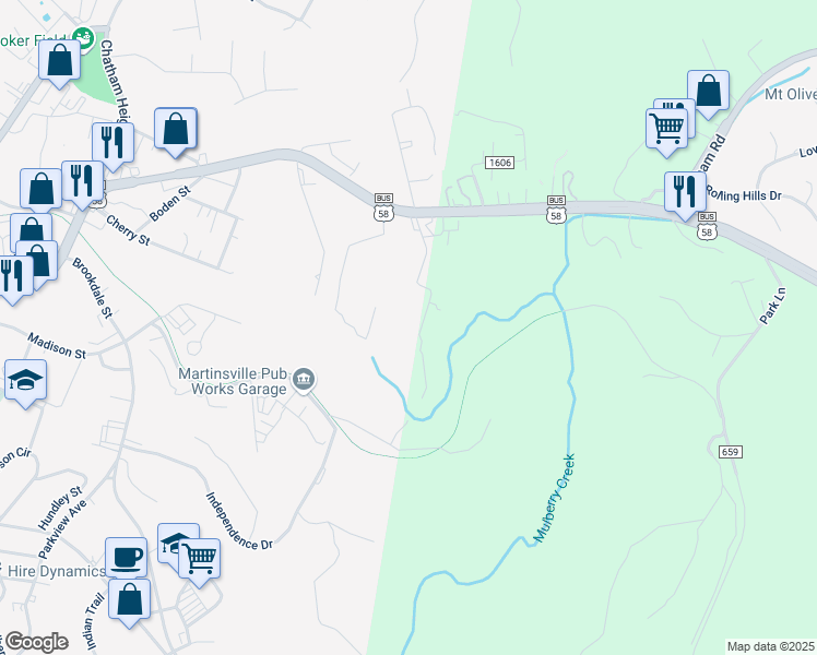 map of restaurants, bars, coffee shops, grocery stores, and more near 220 Cabell Street in Martinsville