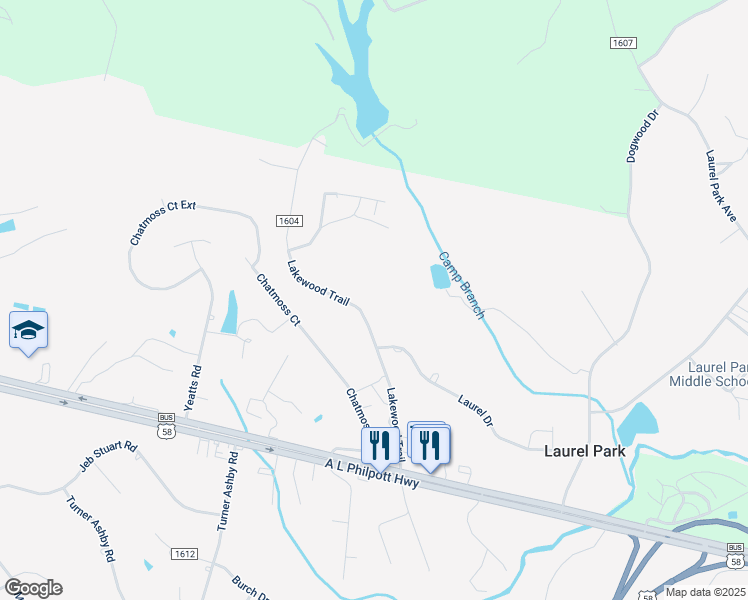 map of restaurants, bars, coffee shops, grocery stores, and more near 404 Lakewood Trail in Martinsville