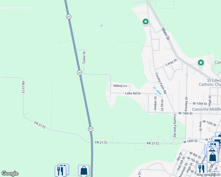 map of restaurants, bars, coffee shops, grocery stores, and more near Nottingham Drive in Cassville