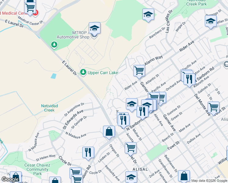map of restaurants, bars, coffee shops, grocery stores, and more near 717 Gee Street in Salinas