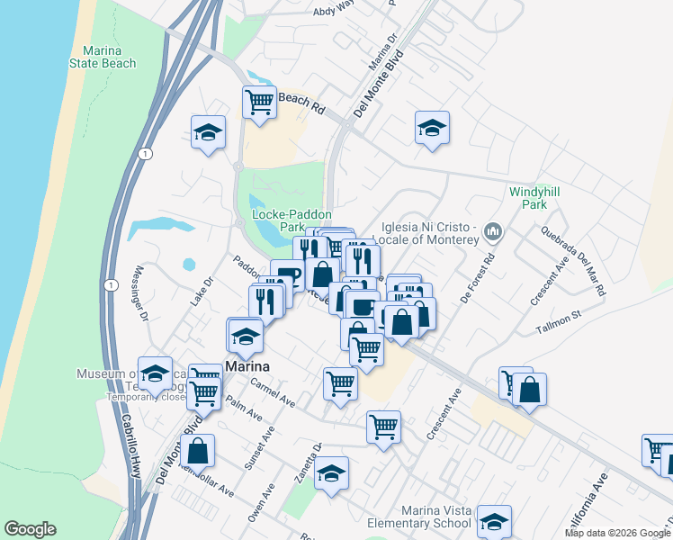 map of restaurants, bars, coffee shops, grocery stores, and more near 3172 Del Monte Boulevard in Marina