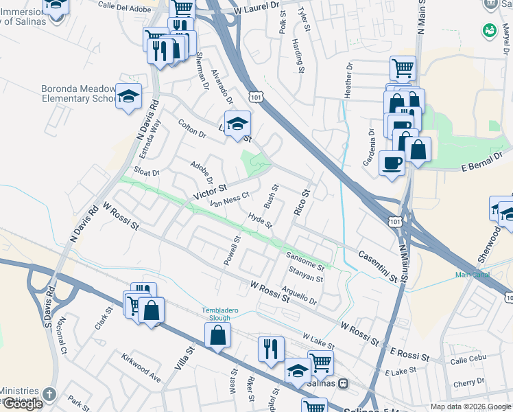 map of restaurants, bars, coffee shops, grocery stores, and more near 5 Van Ness Circle in Salinas