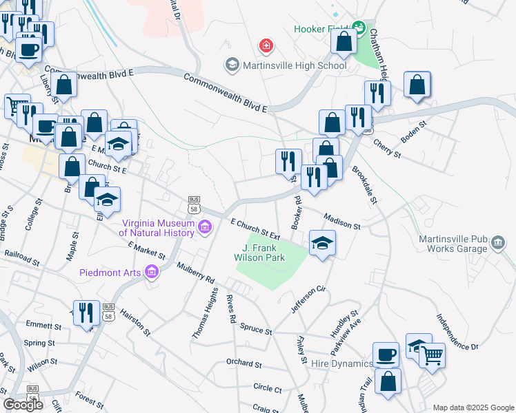 map of restaurants, bars, coffee shops, grocery stores, and more near 615 E Church St in Martinsville