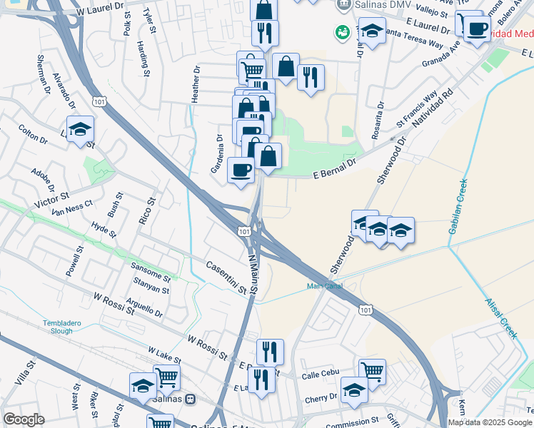 map of restaurants, bars, coffee shops, grocery stores, and more near 730 North Main Street in Salinas